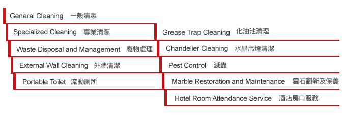 General Cleaning, Specialized Cleaning, Grease Trap Cleaning, Waste Disposal and Management, Chandelier Cleaning, External Wall Cleaning, Pest Control, Portable Toilet, Marble Restoration and Maintenance, Hotel Room Attendance Service